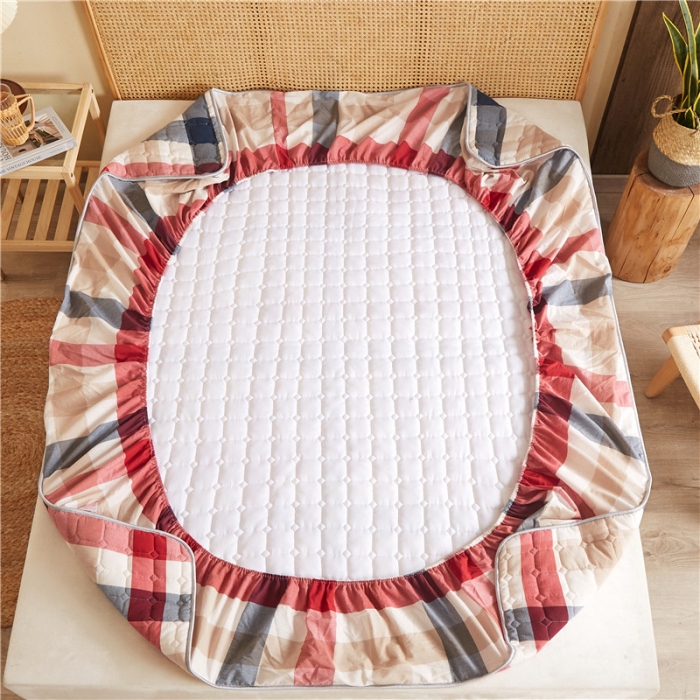 91家纺网 家纺一手货源 找家纺 雪云美A类全棉色织水洗棉床笠夹棉床罩三件套可定制红中格