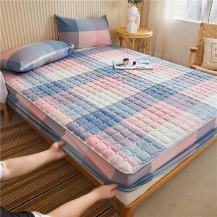 雪云美A类全棉色织水洗棉床笠夹棉床罩三件套可定制蓝粉格