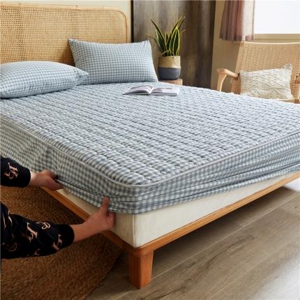 雪云美A类全棉色织水洗棉床笠夹棉床罩三件套可定制蓝小格