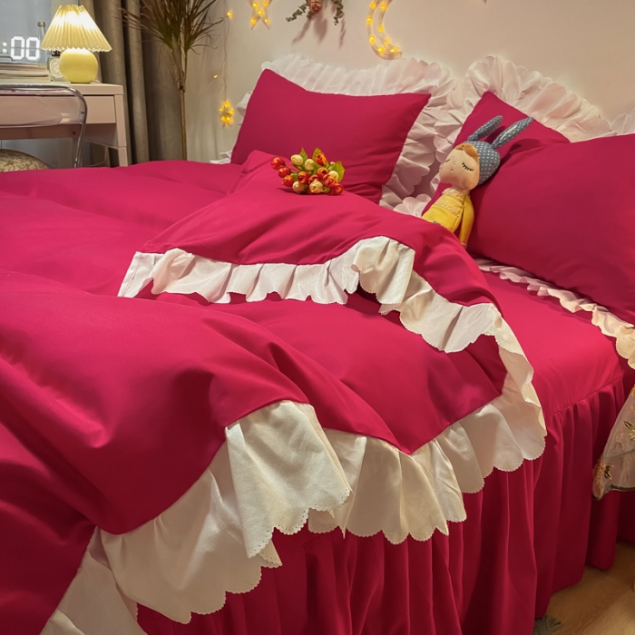 91家纺网 家纺一手货源 找家纺 艺玲 2022新款韩版公主风蕾丝花边四件套 轻奢-玫瑰红