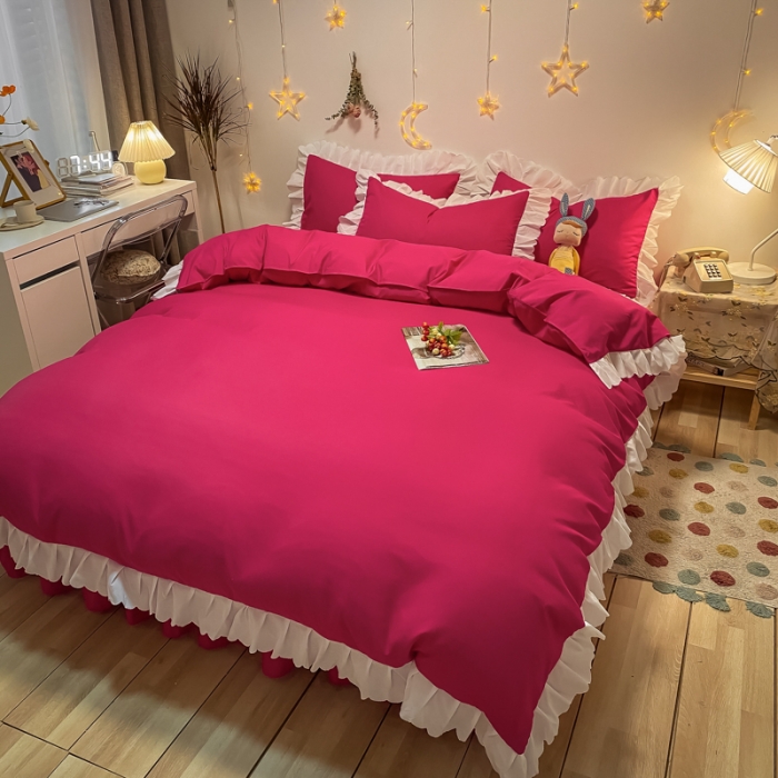 91家纺网 家纺一手货源 找家纺 艺玲 2022新款韩版公主风蕾丝花边四件套 轻奢-玫瑰红