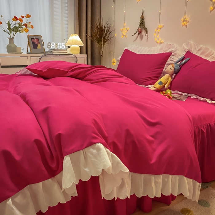 91家纺网 家纺一手货源 找家纺 艺玲 2022新款韩版公主风蕾丝花边四件套 轻奢-玫瑰红