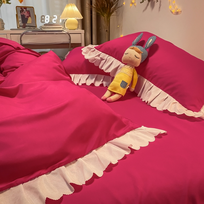 91家纺网 家纺一手货源 找家纺 艺玲 2022新款韩版公主风蕾丝花边四件套 轻奢-玫瑰红