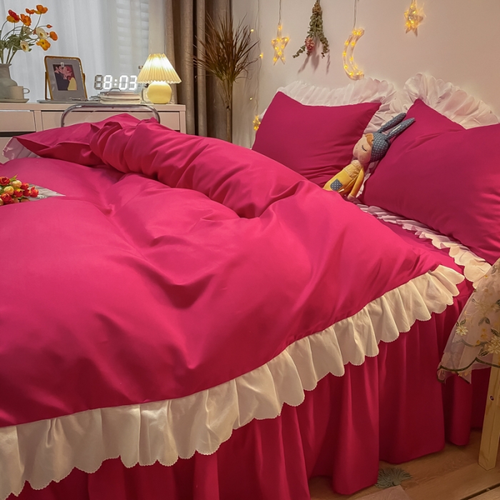 91家纺网 家纺一手货源 找家纺 艺玲 2022新款韩版公主风蕾丝花边四件套 轻奢-玫瑰红