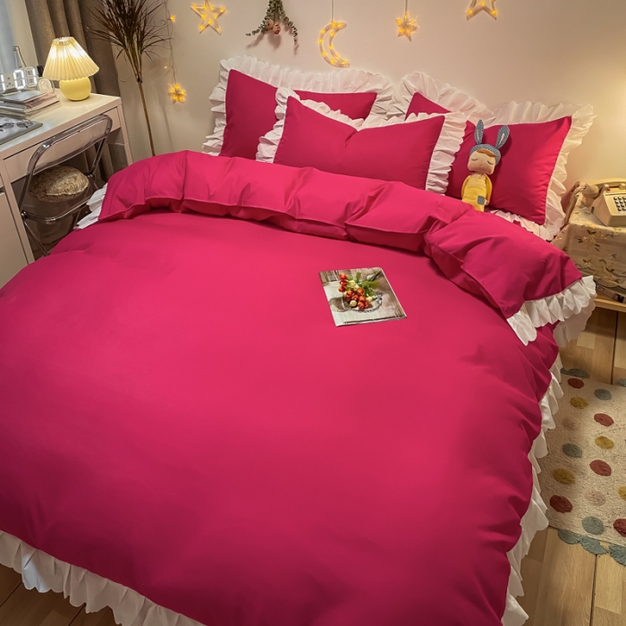 91家纺网 家纺一手货源 找家纺 艺玲 2022新款韩版公主风蕾丝花边四件套 轻奢-玫瑰红