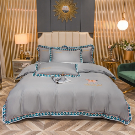 91家纺网 家纺一手货源 找家纺 2022纯色水洗真丝绣花四件套 轻奢数码印花刺绣冰丝天丝套件