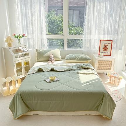 2022爆款全棉水洗棉贝壳边夏被及夏被四件套 豆绿米黄