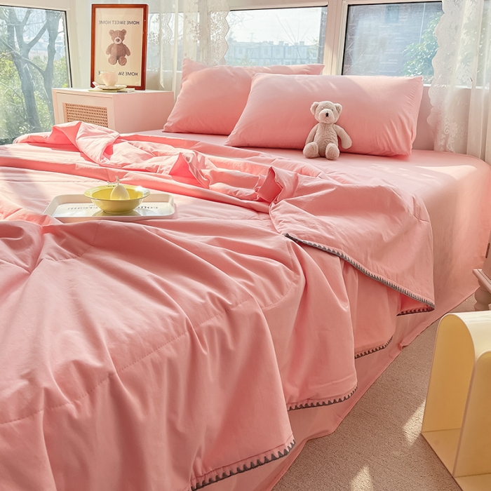 91家纺网 家纺一手货源 找家纺 2022爆款全棉水洗棉贝壳边夏被及夏被四件套 浅粉