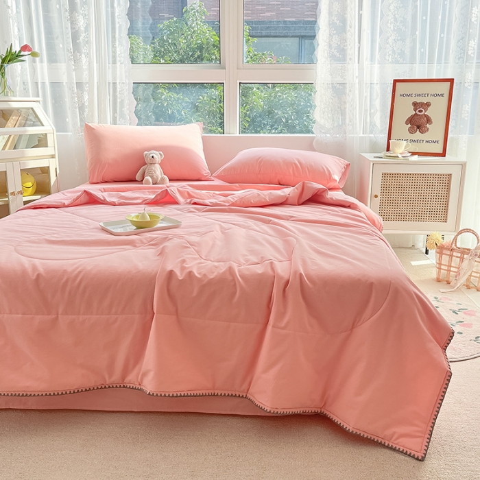 91家纺网 家纺一手货源 找家纺 2022爆款全棉水洗棉贝壳边夏被及夏被四件套 浅粉