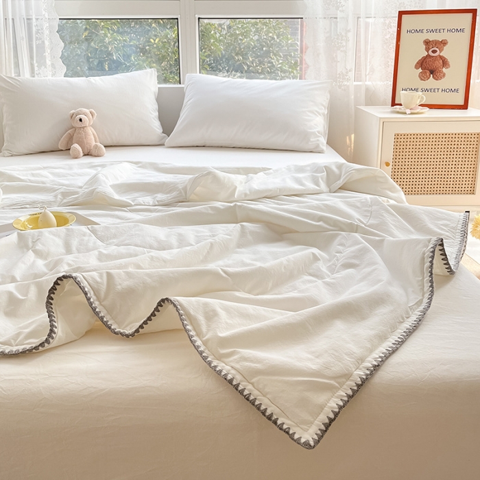 91家纺网 家纺一手货源 找家纺 2022爆款全棉水洗棉贝壳边夏被及夏被四件套 纯白