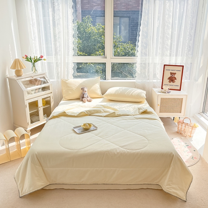 91家纺网 家纺一手货源 找家纺 2022爆款全棉水洗棉贝壳边夏被及夏被四件套 米黄