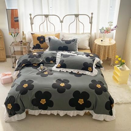 怡家居 2022新款全棉韩版花边四件套 墨青