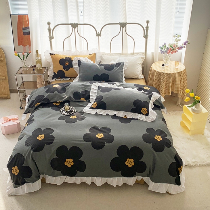 91家纺网 家纺一手货源 找家纺 怡家居 2022新款全棉韩版花边四件套 墨青