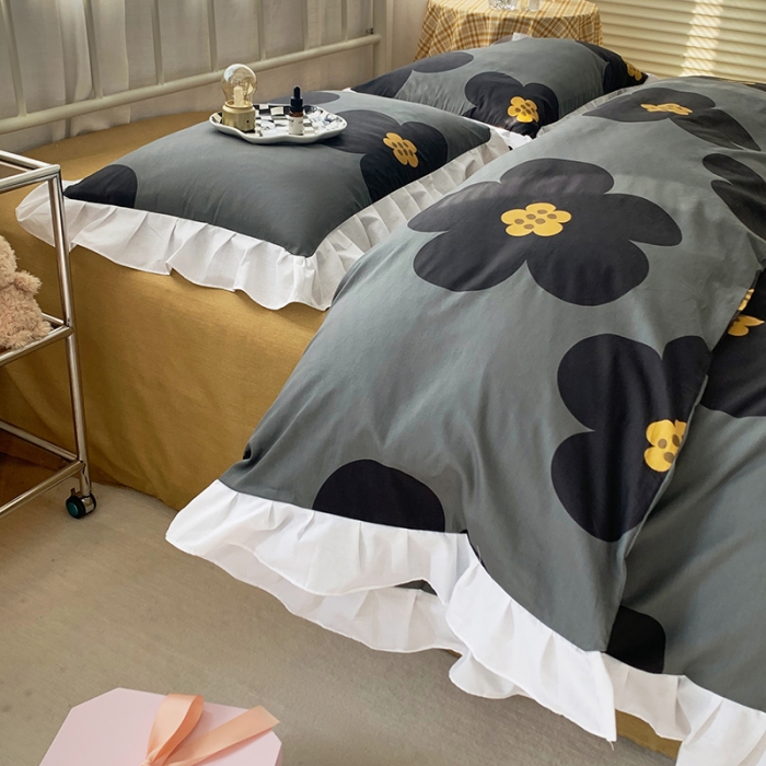 91家纺网 家纺一手货源 找家纺 怡家居 2022新款全棉韩版花边四件套 墨青