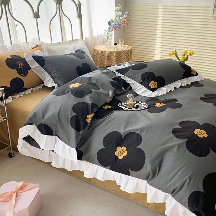 91家纺网 家纺一手货源 找家纺 怡家居 2022新款全棉韩版花边四件套 墨青