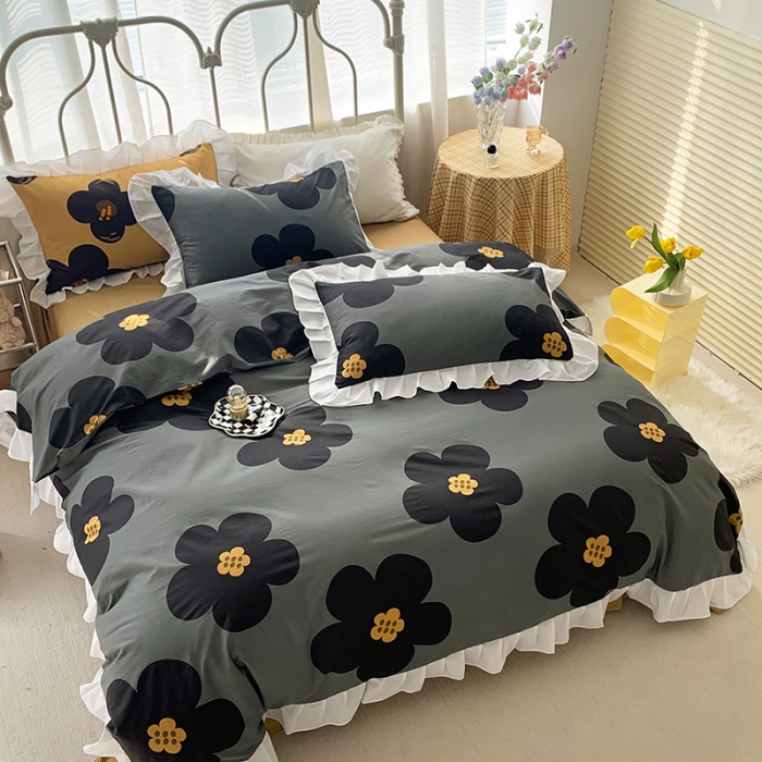 91家纺网 家纺一手货源 找家纺 怡家居 2022新款全棉韩版花边四件套 墨青