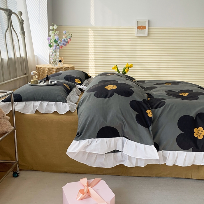 91家纺网 家纺一手货源 找家纺 怡家居 2022新款全棉韩版花边四件套 墨青