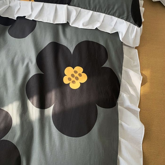 91家纺网 家纺一手货源 找家纺 怡家居 2022新款全棉韩版花边四件套 墨青