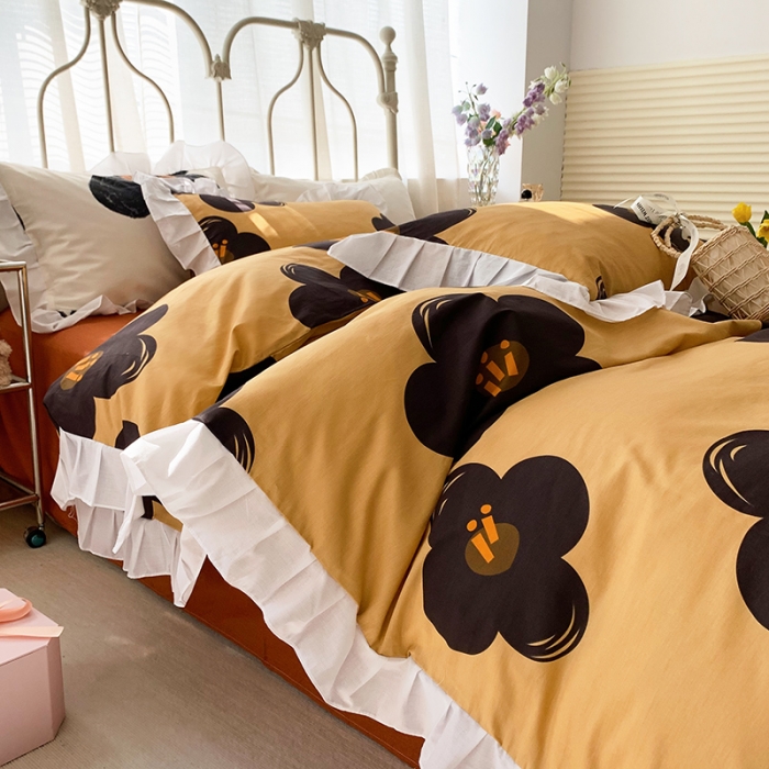 91家纺网 家纺一手货源 找家纺 怡家居 2022新款全棉韩版花边四件套 青彩