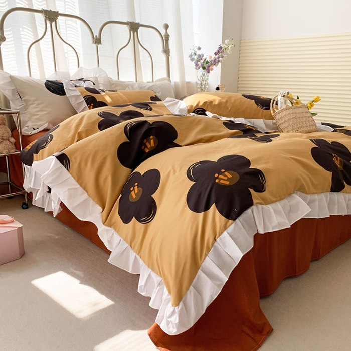 91家纺网 家纺一手货源 找家纺 怡家居 2022新款全棉韩版花边四件套 青彩