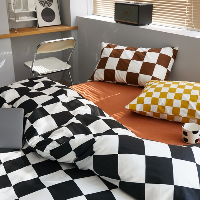 91家纺网 家纺一手货源 找家纺 怡家居 2022新款全棉棋盘格混搭四件套 棋盘格黑