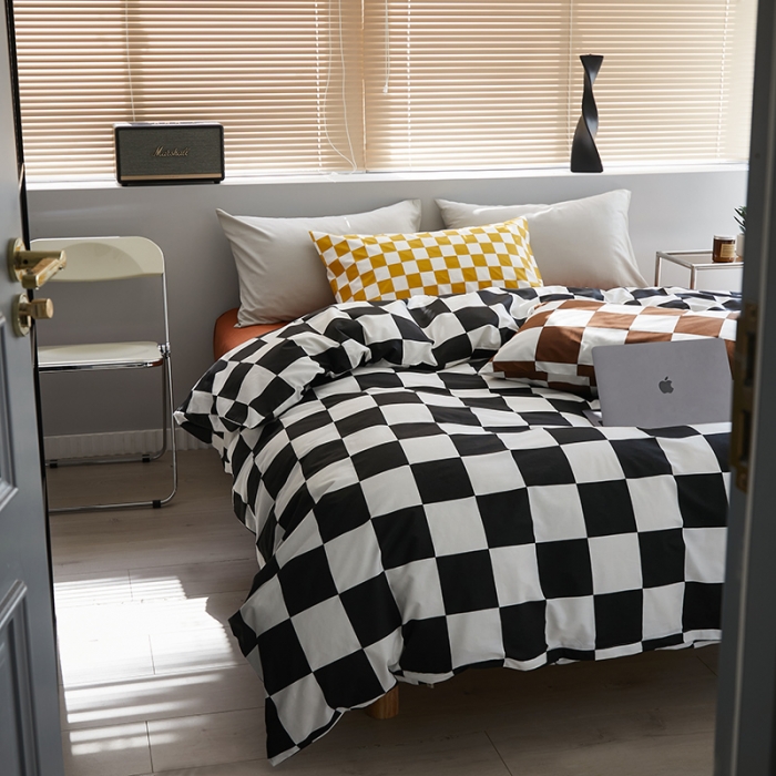 91家纺网 家纺一手货源 找家纺 怡家居 2022新款全棉棋盘格混搭四件套 棋盘格黑