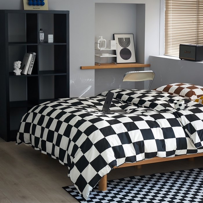 91家纺网 家纺一手货源 找家纺 怡家居 2022新款全棉棋盘格混搭四件套 棋盘格黑