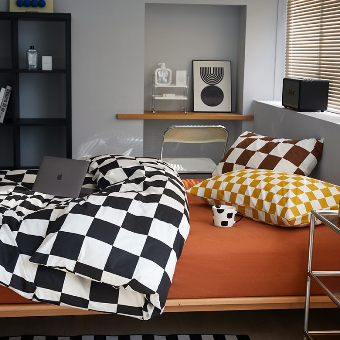 91家纺网 家纺一手货源 找家纺 怡家居 2022新款全棉棋盘格混搭四件套 棋盘格黑