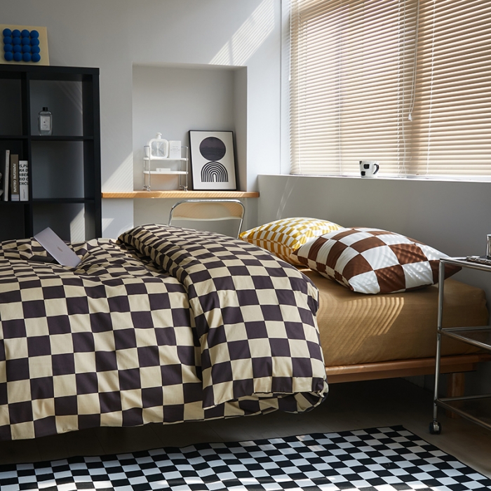 91家纺网 家纺一手货源 找家纺 怡家居 2022新款全棉棋盘格混搭四件套 棋盘格黑驼