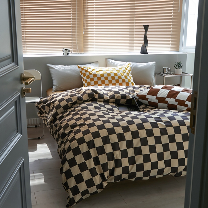 91家纺网 家纺一手货源 找家纺 怡家居 2022新款全棉棋盘格混搭四件套 棋盘格黑驼