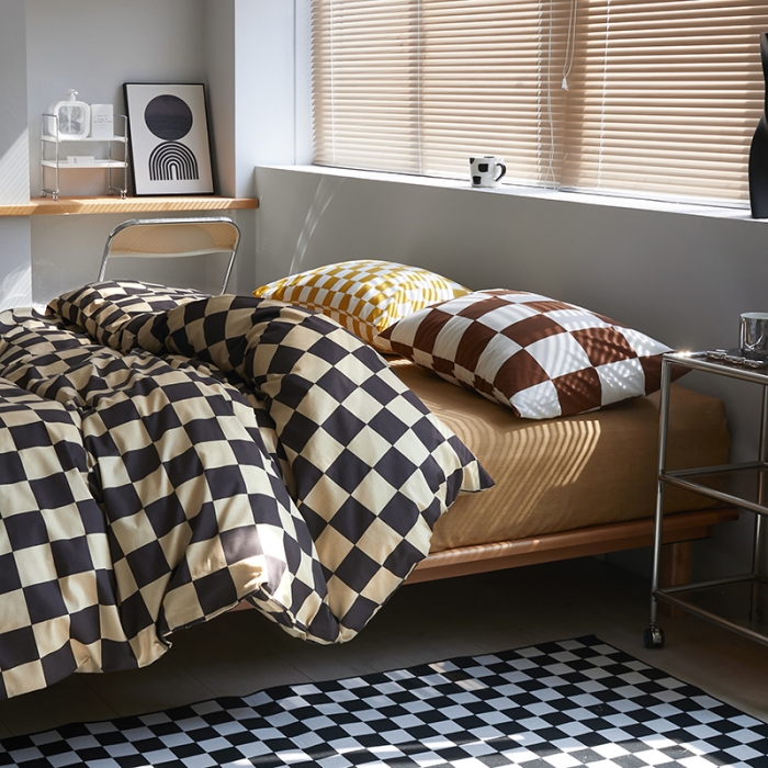 91家纺网 家纺一手货源 找家纺 怡家居 2022新款全棉棋盘格混搭四件套 棋盘格黑驼