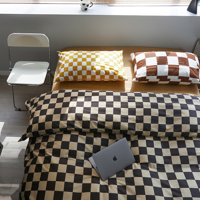 91家纺网 家纺一手货源 找家纺 怡家居 2022新款全棉棋盘格混搭四件套 棋盘格黑驼