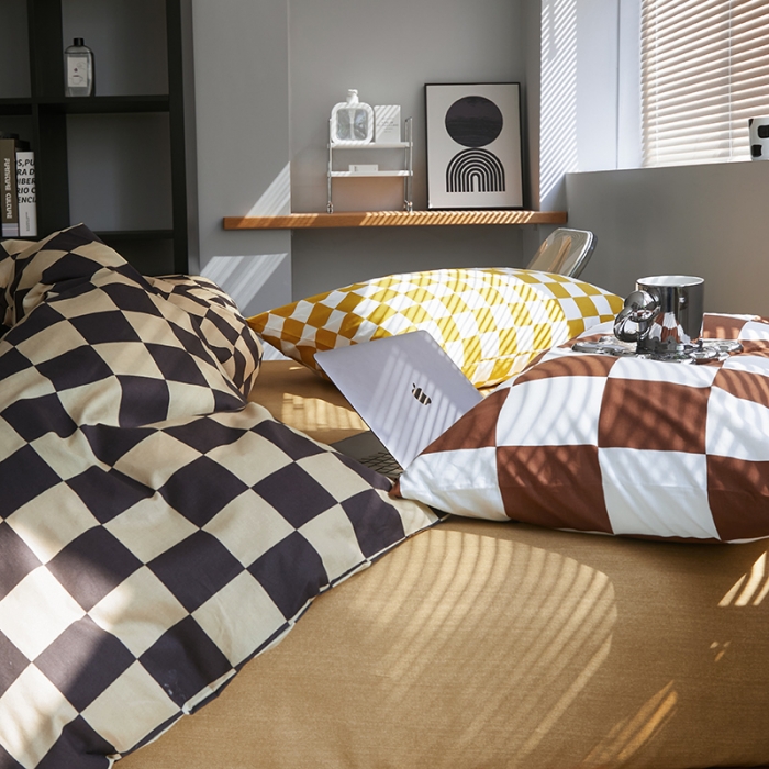 91家纺网 家纺一手货源 找家纺 怡家居 2022新款全棉棋盘格混搭四件套 棋盘格黑驼