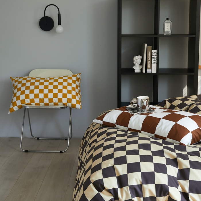 91家纺网 家纺一手货源 找家纺 怡家居 2022新款全棉棋盘格混搭四件套 棋盘格黑驼