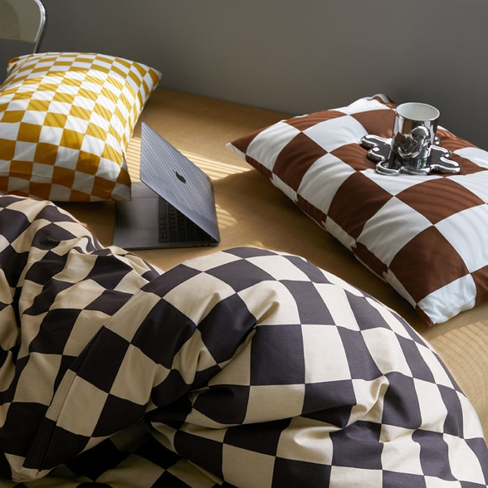 91家纺网 家纺一手货源 找家纺 怡家居 2022新款全棉棋盘格混搭四件套 棋盘格黑驼