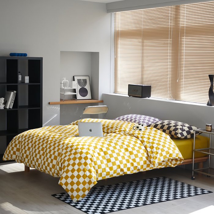 91家纺网 家纺一手货源 找家纺 怡家居 2022新款全棉棋盘格混搭四件套 棋盘格黄