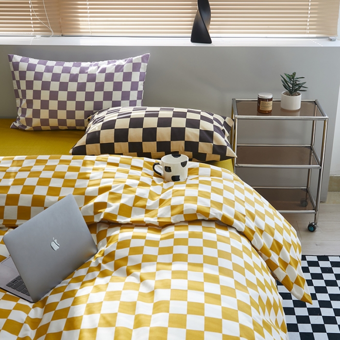 91家纺网 家纺一手货源 找家纺 怡家居 2022新款全棉棋盘格混搭四件套 棋盘格黄