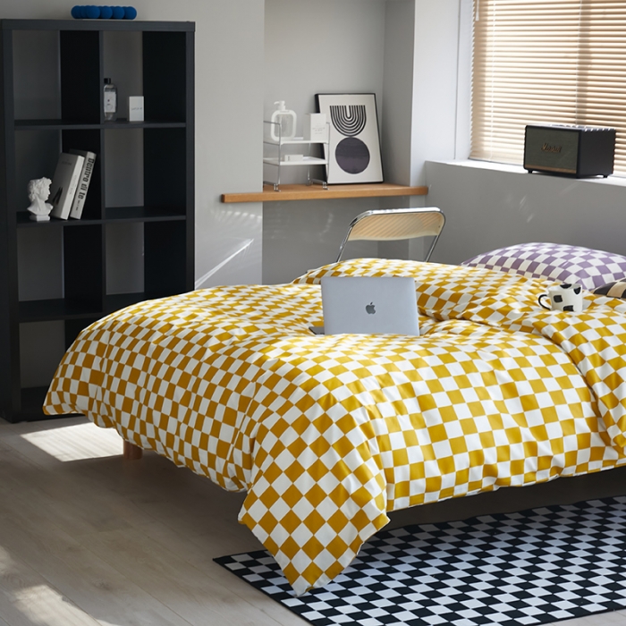 91家纺网 家纺一手货源 找家纺 怡家居 2022新款全棉棋盘格混搭四件套 棋盘格黄