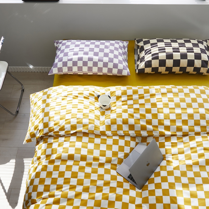 91家纺网 家纺一手货源 找家纺 怡家居 2022新款全棉棋盘格混搭四件套 棋盘格黄