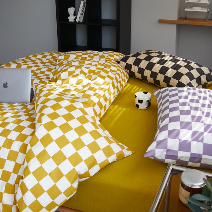 91家纺网 家纺一手货源 找家纺 怡家居 2022新款全棉棋盘格混搭四件套 棋盘格黄