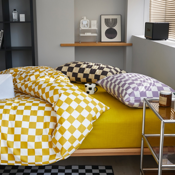 91家纺网 家纺一手货源 找家纺 怡家居 2022新款全棉棋盘格混搭四件套 棋盘格黄