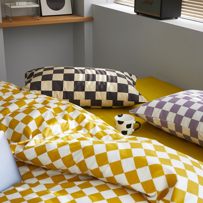 91家纺网 家纺一手货源 找家纺 怡家居 2022新款全棉棋盘格混搭四件套 棋盘格黄