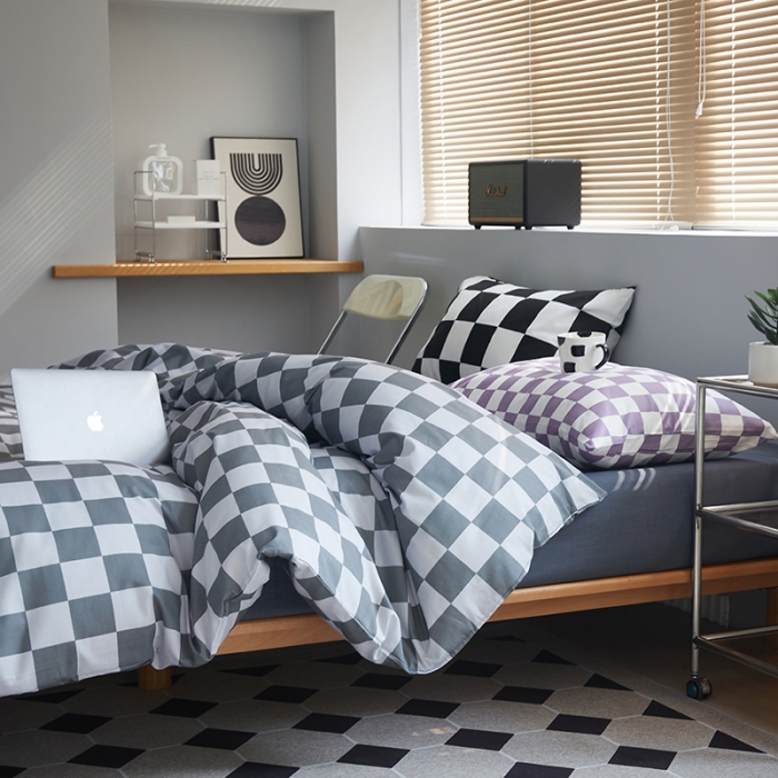 91家纺网 家纺一手货源 找家纺 怡家居 2022新款全棉棋盘格混搭四件套 棋盘格灰
