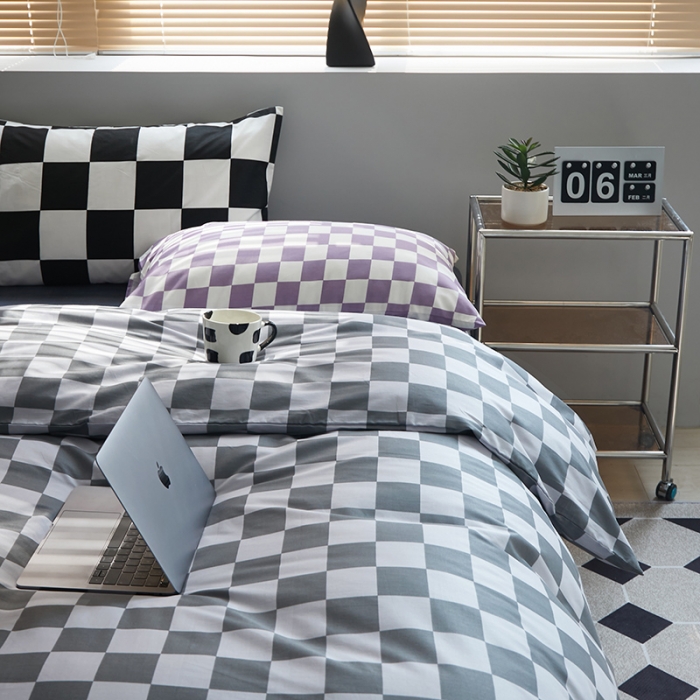 91家纺网 家纺一手货源 找家纺 怡家居 2022新款全棉棋盘格混搭四件套 棋盘格灰