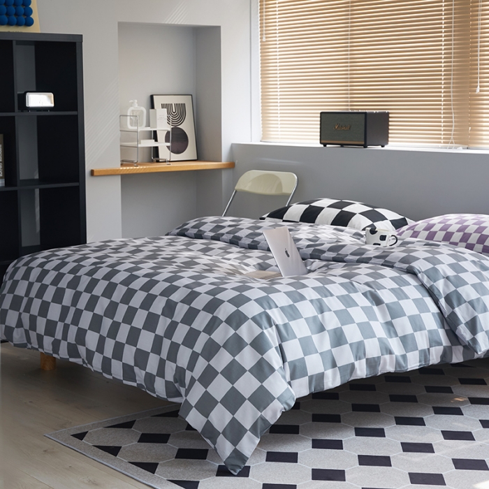 91家纺网 家纺一手货源 找家纺 怡家居 2022新款全棉棋盘格混搭四件套 棋盘格灰
