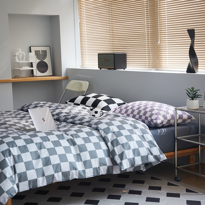 91家纺网 家纺一手货源 找家纺 怡家居 2022新款全棉棋盘格混搭四件套 棋盘格灰