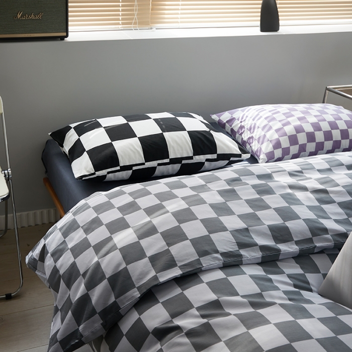 91家纺网 家纺一手货源 找家纺 怡家居 2022新款全棉棋盘格混搭四件套 棋盘格灰