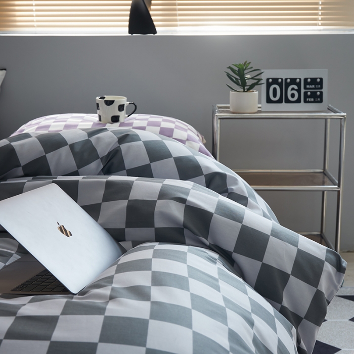 91家纺网 家纺一手货源 找家纺 怡家居 2022新款全棉棋盘格混搭四件套 棋盘格灰