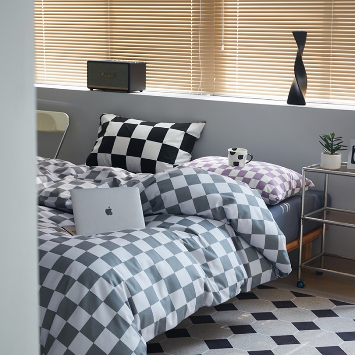 91家纺网 家纺一手货源 找家纺 怡家居 2022新款全棉棋盘格混搭四件套 棋盘格灰