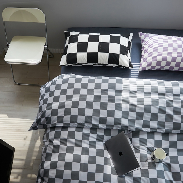 91家纺网 家纺一手货源 找家纺 怡家居 2022新款全棉棋盘格混搭四件套 棋盘格灰